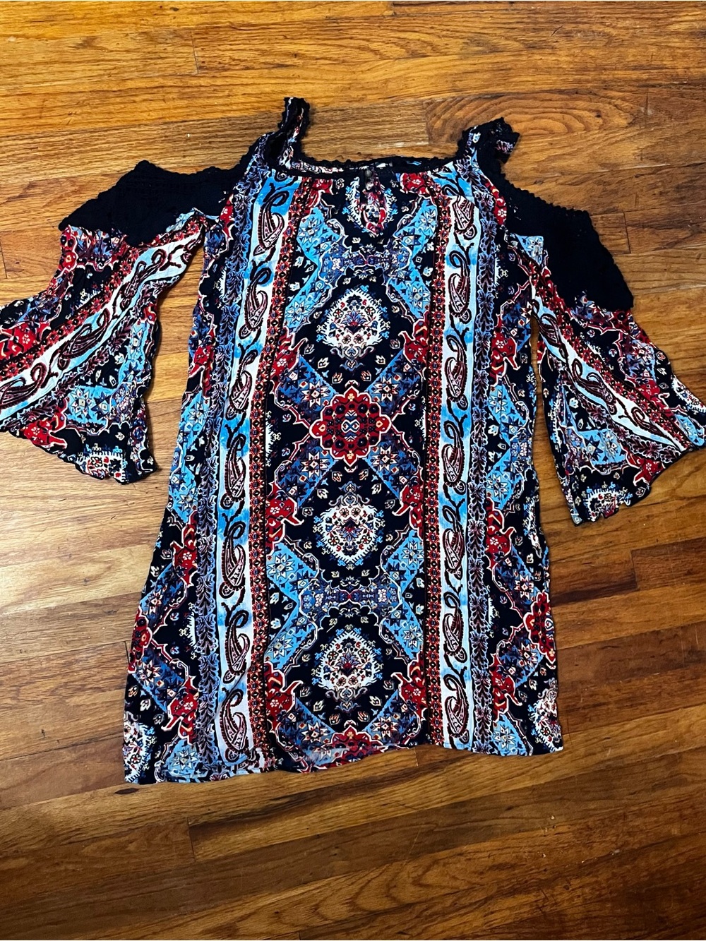 Bila Cold-Shoulder Boho Dress in Black, Blue & Red